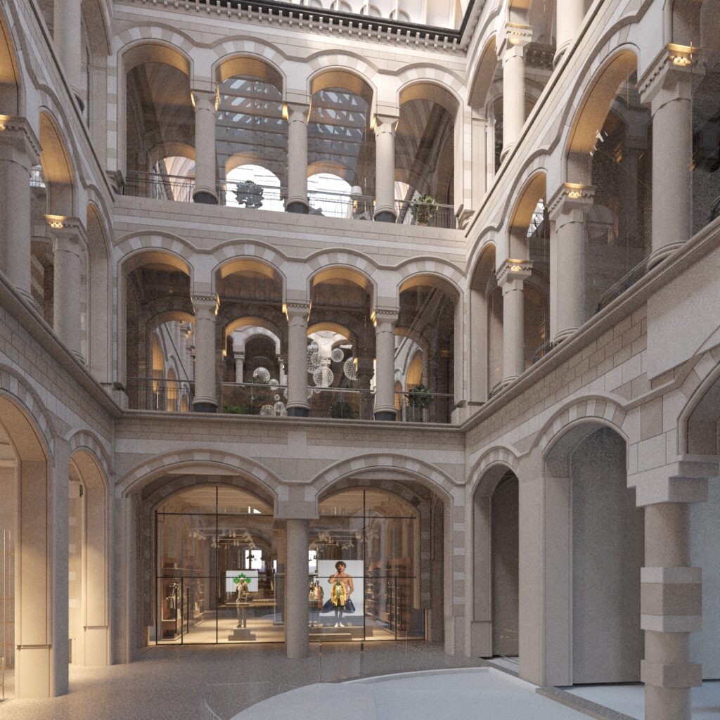 Binnenhof van monumentaal pand aan de Nieuwezijds Voorburgwal met hoge bogen, zuilen en glazen winkelpui.